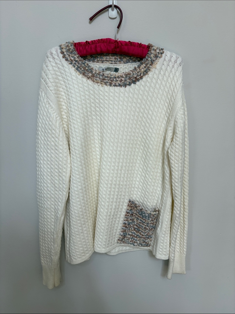 Cream Cable-Knit Crewneck Sweater with Textured Trim